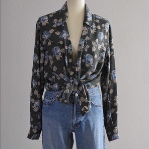 Floral long sleeve flowy muted green tunic Large